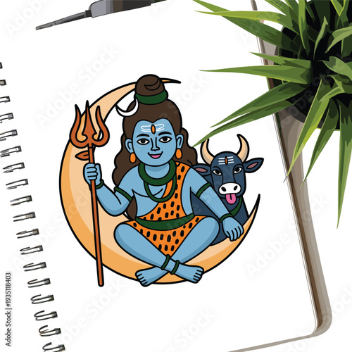 Lord Shiva with Nandi Bull on Crescent Moon Hindu Deity Spiritual Illustration