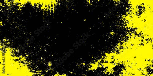 Abstract yellow grunge background featuring gold paint splashes and black ink textures with star patterns, holiday confetti, and festive light decoration shapes for a modern vector art illustration