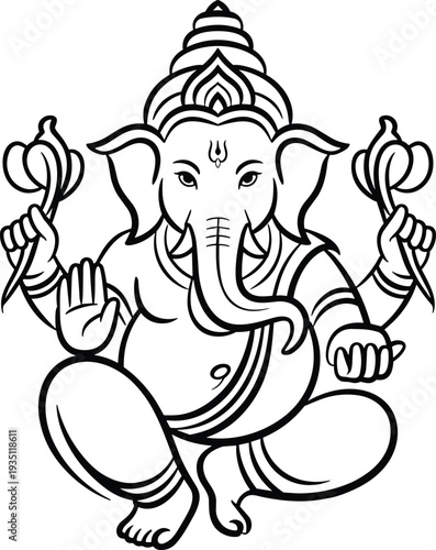 Ganesha Line Art Holding Lotus Flower and Axe Spiritual Icon Indian Deity Stock Illustration