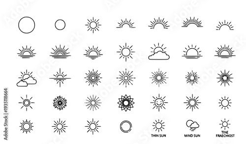 Sun Line Art Outline Icon Set with Weather and Sunrise Vector Symbols
