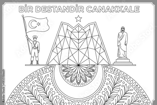 Soldier with Flag and Statue at Monument Decorative Border Line Art Illustration