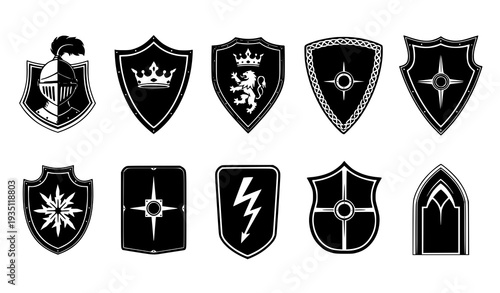 Black Shield Silhouette Vector Set with Heraldic and Medieval Crest Designs