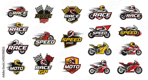 Collection of motorcycle racing logos and emblems for speed and competition.