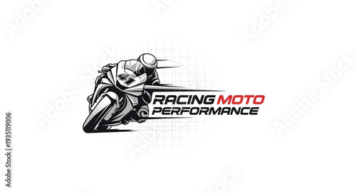 Motorcycle racer speeding on track with Racing Moto Performance logo.