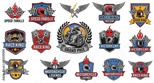 Motorcycle club emblems collection with wings and flames, racing themed designs.