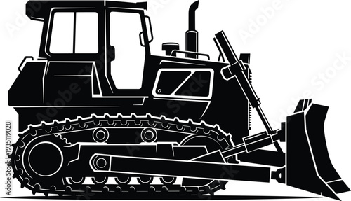 Black and white bulldozer silhouette illustration of heavy construction machinery on tracks isolated on white background for industrial design and 