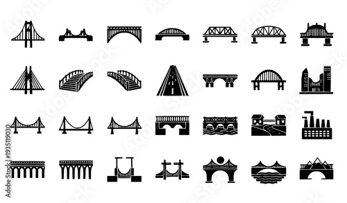 Bridge Silhouette Vector Icon Set with Suspension, Arch and Modern Structures