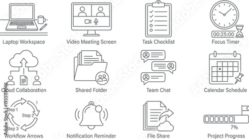 Business and project management thin line icons set for remote work and collaboration.