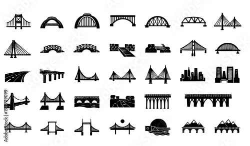 Minimal Bridge Silhouette Logo Vector Set with Modern Infrastructure Symbols