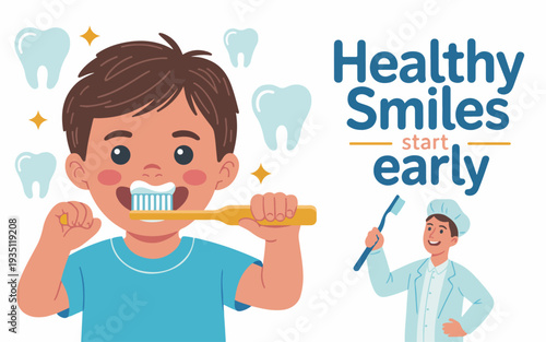 Young boy brushing teeth with toothbrush and toothpaste smiling with dentist in background promoting healthy smiles and oral hygiene
