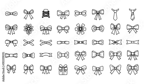 Black and White Bow Outline Vector Collection with Ribbon and Fashion Icons