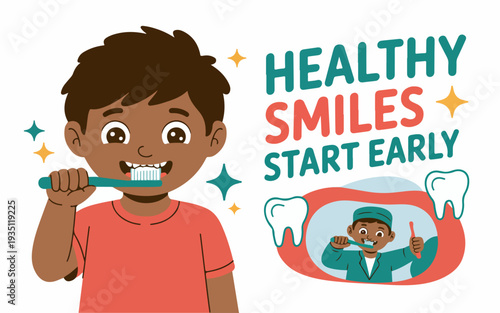 Smiling child brushing teeth with toothbrush and toothpaste cartoon illustration for healthy dental care