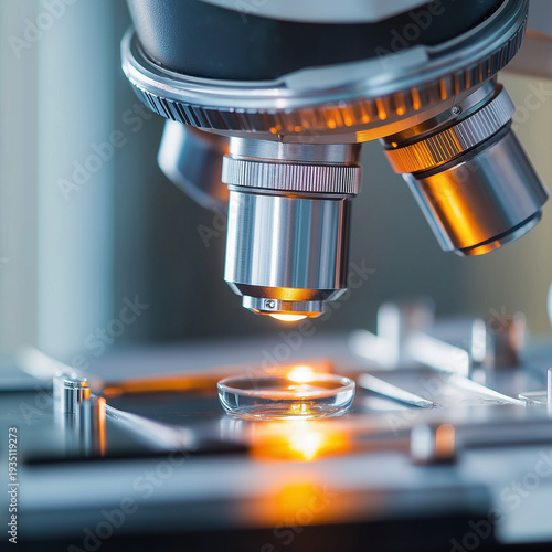 Microscope analyzing sample with glowing light laboratory scene