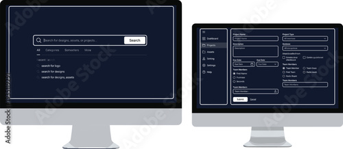 Two computer monitors displaying different software interfaces on a clean workspace viewed from the front at an angle