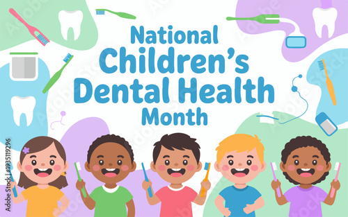 Diverse children celebrating national children's dental health month with toothbrushes and smiling