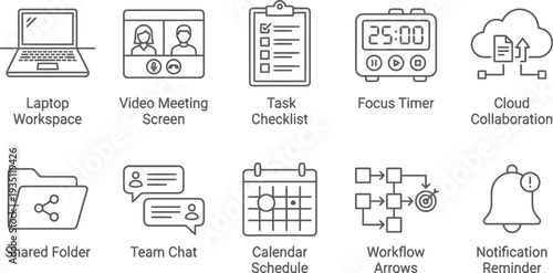 Remote work and digital productivity icons set for business collaboration and task management