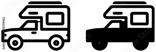 Two camper truck icons with pick up truck and travel trailer for camping and outdoor adventure