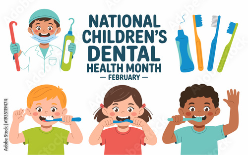 Children brushing teeth together for national children's dental health month awareness campaign featuring a dentist