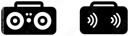 Black icons of portable bluetooth speakers with handles on white background for tech and music concepts