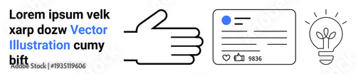 Communication, networking, social engagement, feedback, creativity, innovation. Hand pointing to a social media post and a light bulb icon. Communication and social engagement concept
