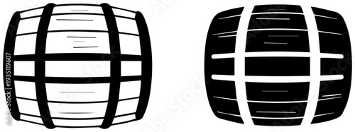 Two wooden oak aging barrels icons in black and white isolated on a plain background for whiskey or wine storage