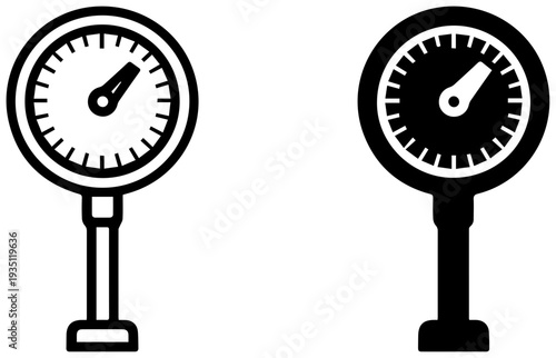 Two black and white icons of aneroid barometers with dials on stands weather pressure gauges