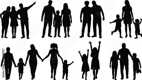 PrintFamily silhouettes collection, parents and children icons, unity design, togetherness vector art, black group figures, social relationship illustration, lifestyle pattern