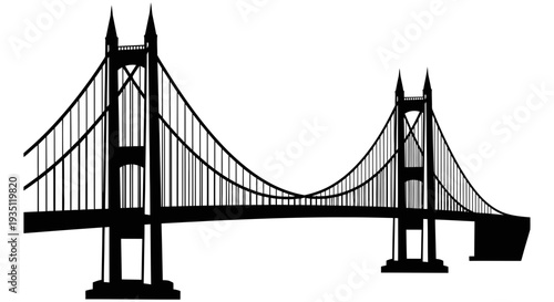 Iconic suspension bridge silhouette featuring tall towers supporting massive main cables against a clean white background creating a graphic symbol of connection.