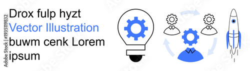 Innovation, teamwork, workflow, startup, collaboration, technology. Lightbulb and gears with teamwork icons and rocket. Innovation and teamwork idea with a creative process theme