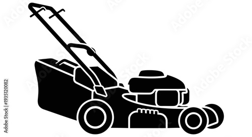 Black and white illustration of a lawn mower with a large grass collection bag attached to the back