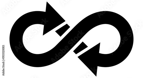 Infinity symbol with arrows indicating continuous cycle and infinite possibilities in a simple black design on a white background representing eternity and endless loop