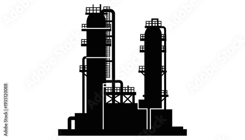 Industrial facility with tall towers and complex piping system for processing and manufacturing operations