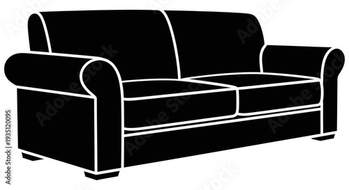 Modern black sofa with sleek armrests and cushions on a plain white background illustration