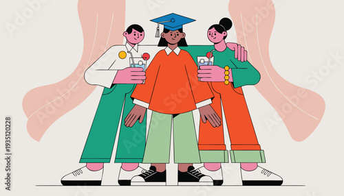 Parents congratulating daughter in graduation gown, convocation party in outdoor