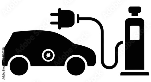 Electric car charging at a recharging station with a plug and cable, side view illustration