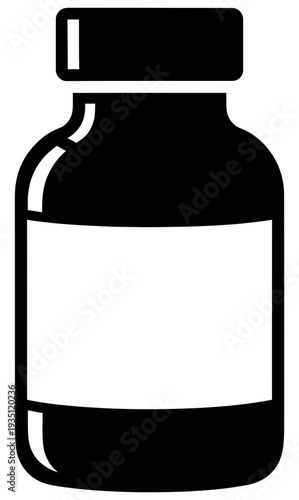 Black silhouette illustration of a medicine bottle with a label on a transparent background, viewed from the front Whisk