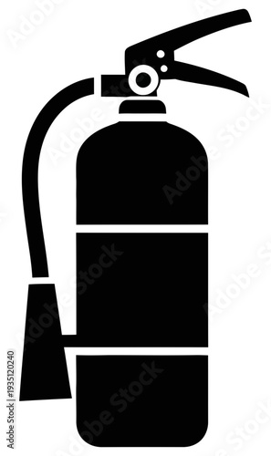Simple black and white iconographic silhouette representing a portable fire extinguisher device used for emergency safety and fire suppression in various environments.