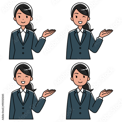 笑顔で案内するスーツの東南アジア系女性のイラスト（左手上げ・カラー）