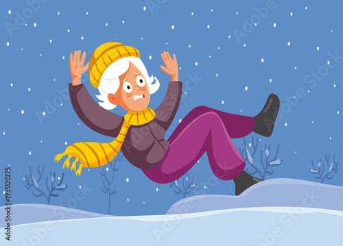 Elderly Woman Slipping on Icy Ground Vector Illustration.  Senior lady loses her balance on frozen terrain 
