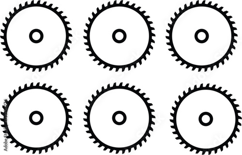 Circular saw blades collection, sharp toothed cutting discs set, industrial woodworking metal tools silhouette vector illustration isolated