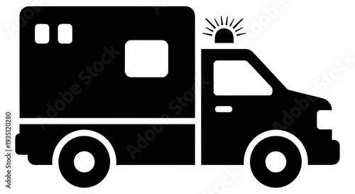 A minimalist black and white icon depicting a classic emergency medical service ambulance with a flashing light on its roof, symbolizing urgent care and swift transportation for medical assistance.