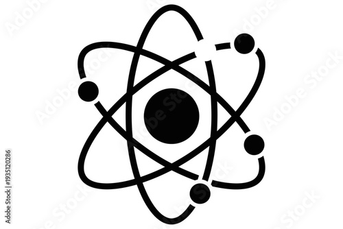 Simple black and white icon depicting the classic model of an atom with orbiting electrons around a central nucleus providing a recognizable science symbol.