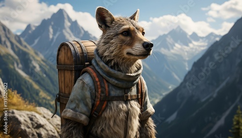 A man-like figure resembling a wolf stands proudly against a mountain backdrop. The wolf figure, equipped with a backpack, appears ready for adventure in nature.