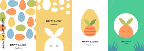 Modern geometric Easter illustration set with abstract patterns, colorful eggs and bunny characters trendy vector templates for posters, covers and postcards