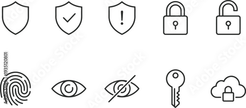 Set of security and data protection icons including shield padlock fingerprint eye and cloud