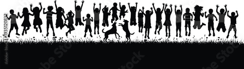 Children jumping silhouettes with playful dogs on grassy field, happy kids outdoor activity vector illustration isolated on white background