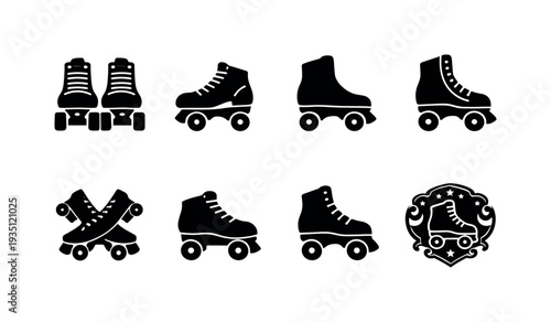 Roller skate silhouette icon collection featuring quad skates and retro sport themed elements