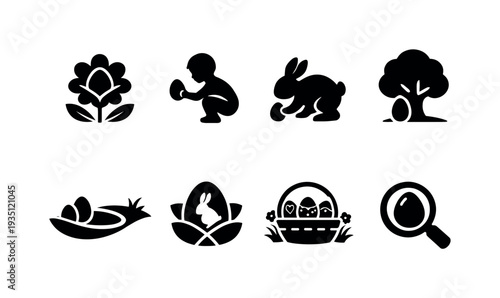 Easter and spring silhouette icon collection featuring bunny, egg and seasonal themed elements