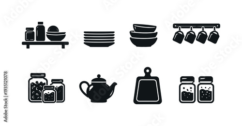 Kitchen appliance silhouette icon set featuring blender, kettle and cookware elements