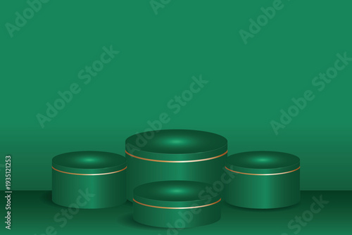 Modern 3d cylinder podium set in emerald green with gold accents for product display